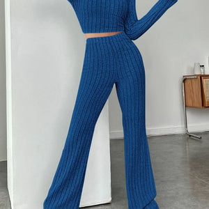 Ribbed Mock Neck Long Sleeve Top and Pants Set Trendsi