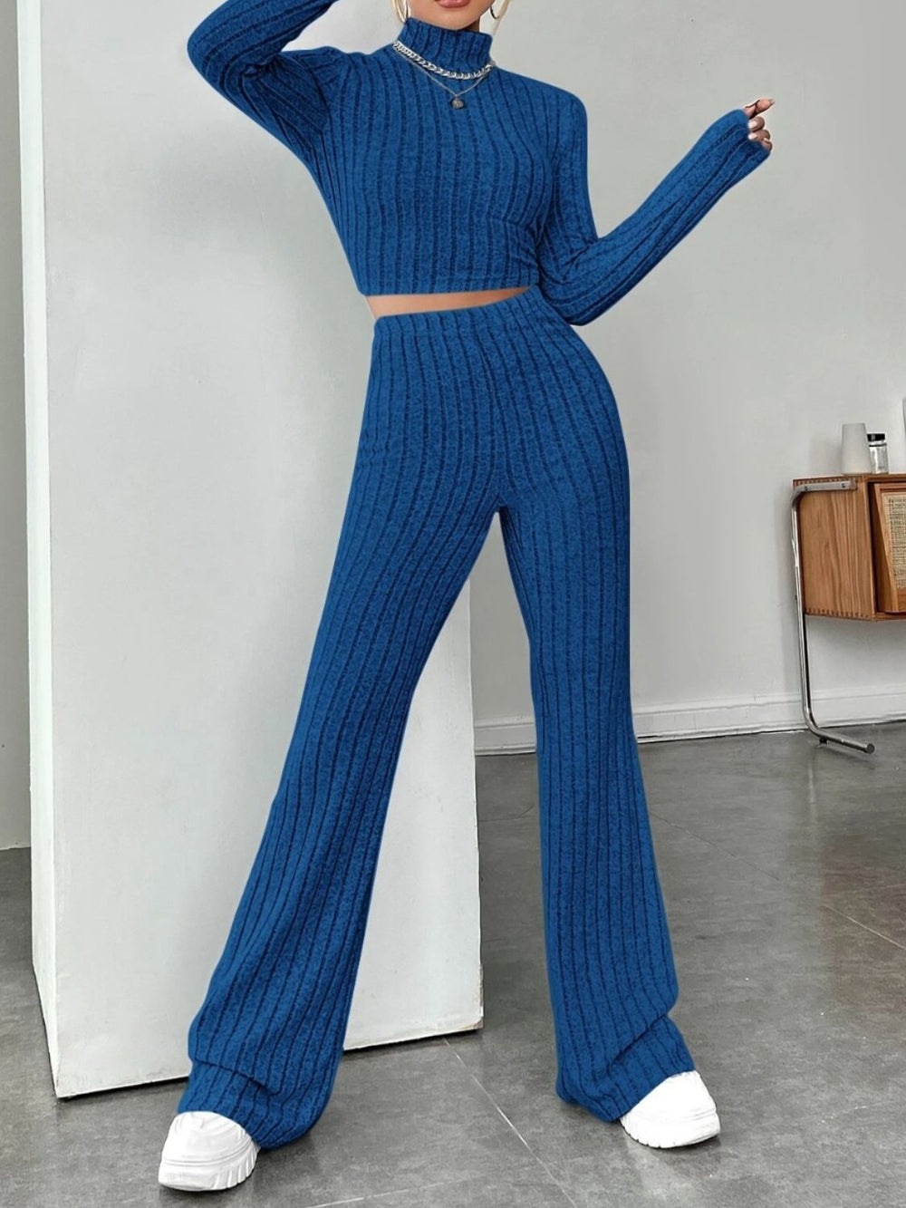 Ribbed Mock Neck Long Sleeve Top and Pants Set Trendsi