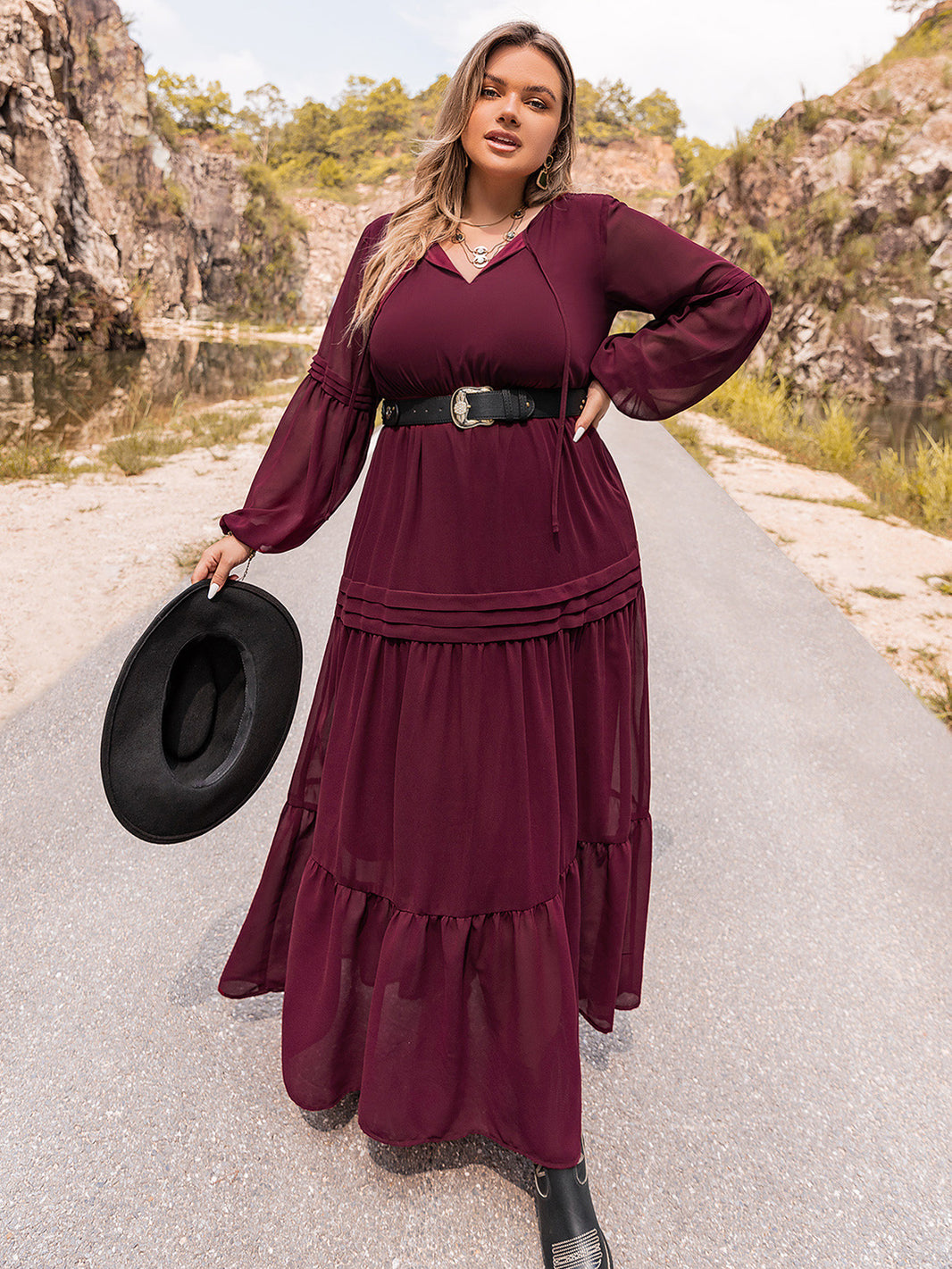 Plus Size Tie Neck Ballon Sleeve Tiered Dress Trendsi