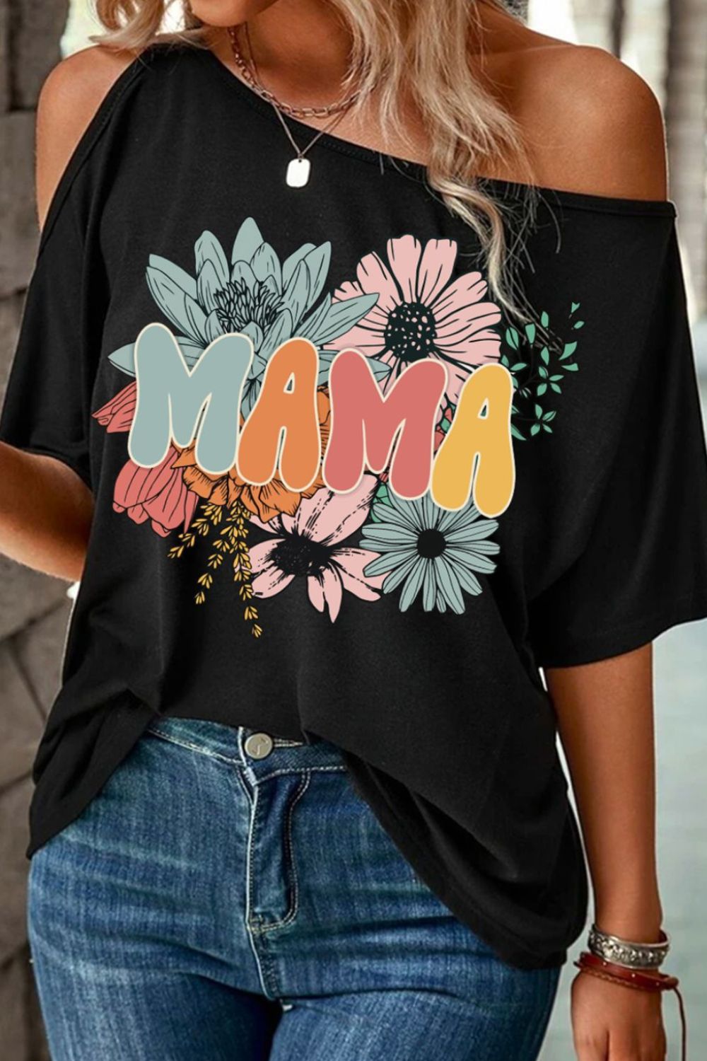 MAMA One Shoulder Half Sleeve T-Shirt Trendsi