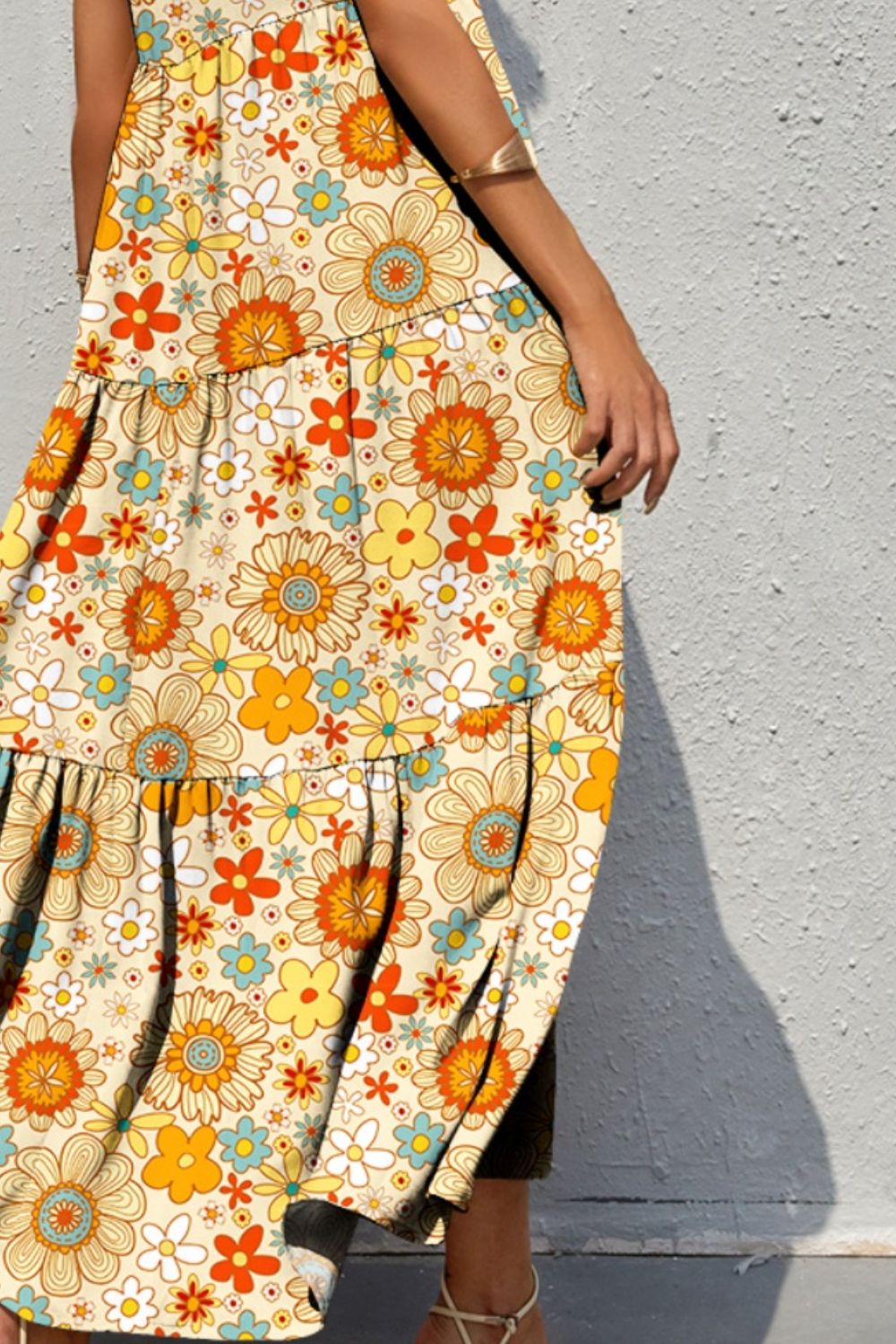 Tiered Printed V-Neck Sleeveless Dress Trendsi