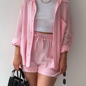 Texture Button Up Shirt and Drawstring Shorts Set Trendsi