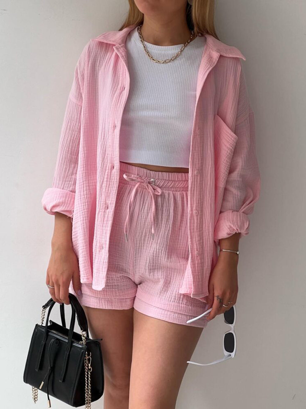 Texture Button Up Shirt and Drawstring Shorts Set Trendsi