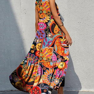 Tiered Printed V-Neck Sleeveless Dress Trendsi