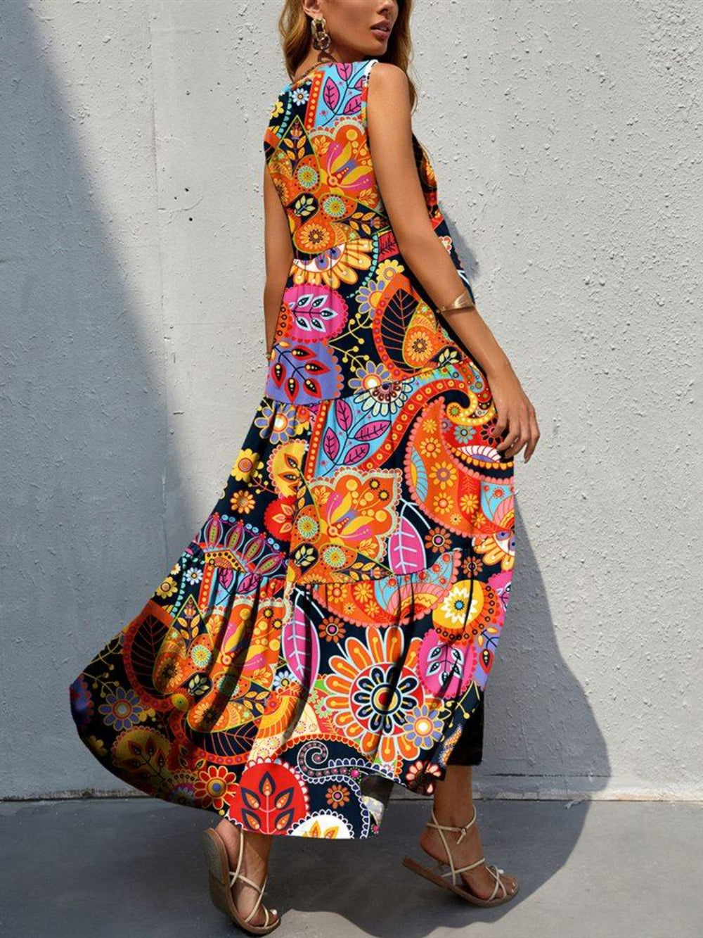 Tiered Printed V-Neck Sleeveless Dress Trendsi