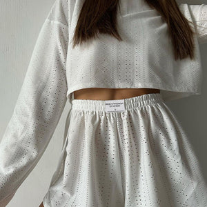 Eyelet Round Neck Top and Shorts Set Trendsi