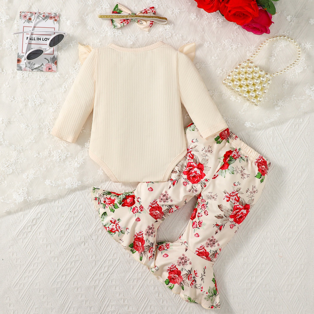 Ruffled Round Neck Bodysuit and Printed Pants Set Trendsi