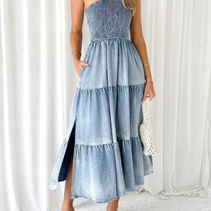 Slit Smocked Tube Tiered Denim Dress Trendsi