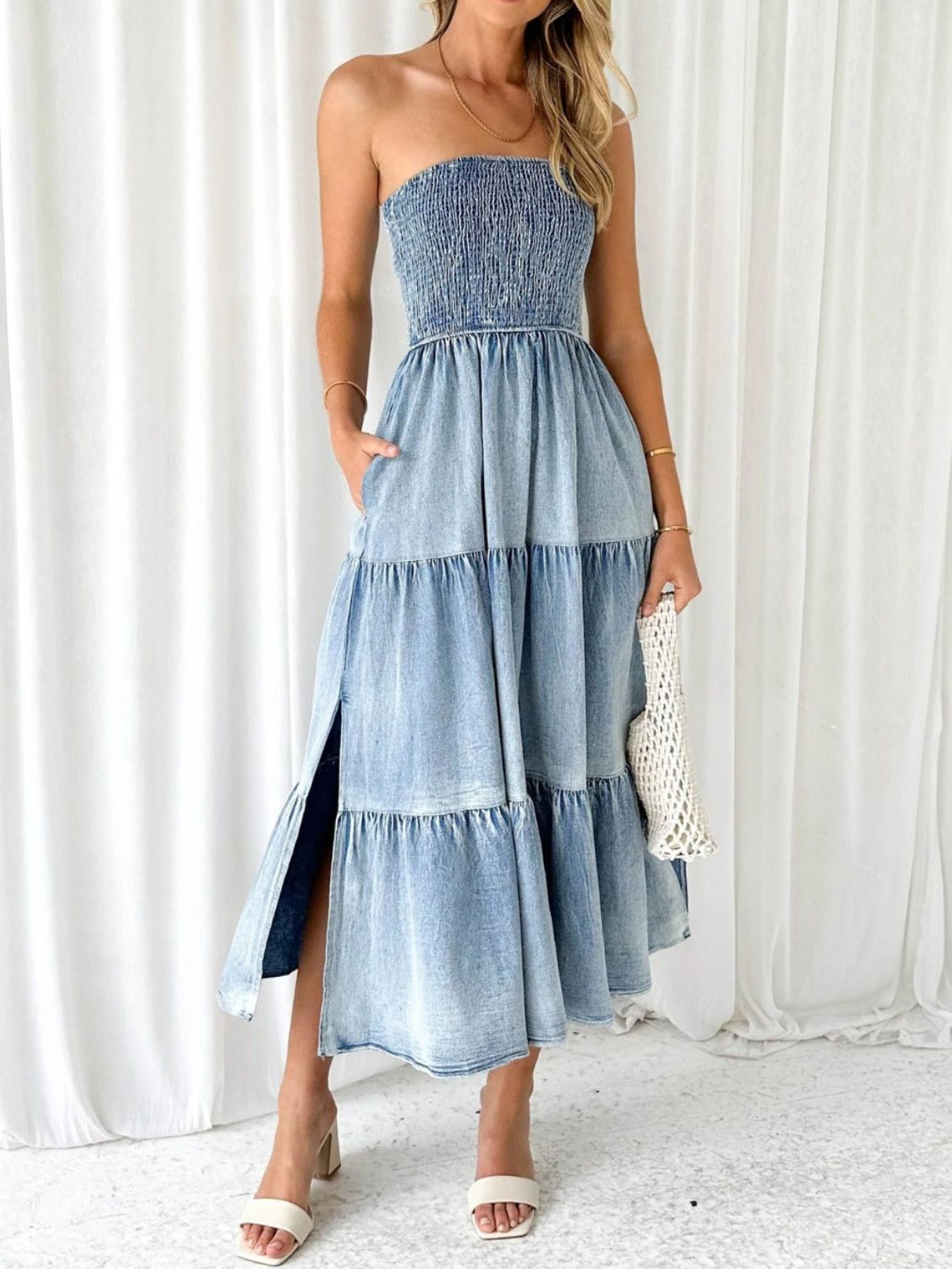 Slit Smocked Tube Tiered Denim Dress Trendsi