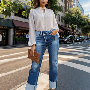 Stepped Waist Raw Hem Rolled Straight Jeans Trendsi