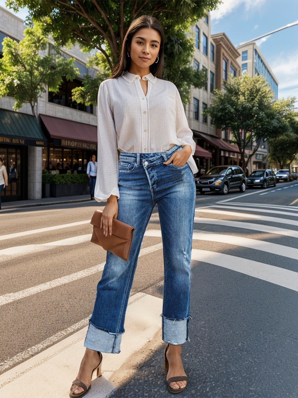 Stepped Waist Raw Hem Rolled Straight Jeans Trendsi