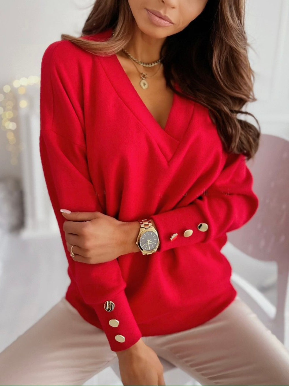 V-Neck Long Sleeve Sweatshirt Trendsi