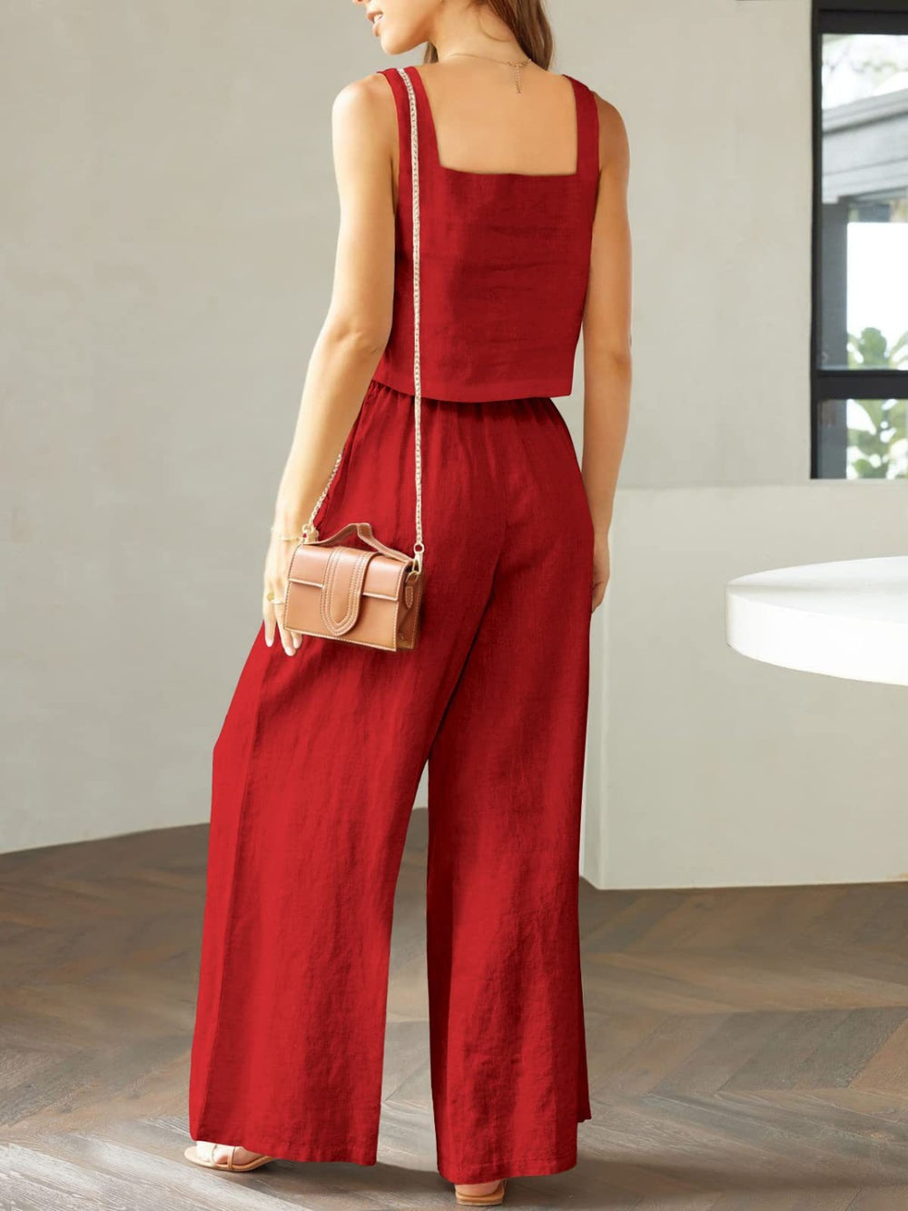 Square Neck Top and Wide Leg Pants Set Trendsi