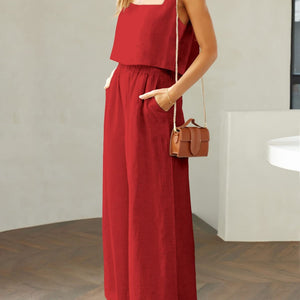 Square Neck Top and Wide Leg Pants Set Trendsi