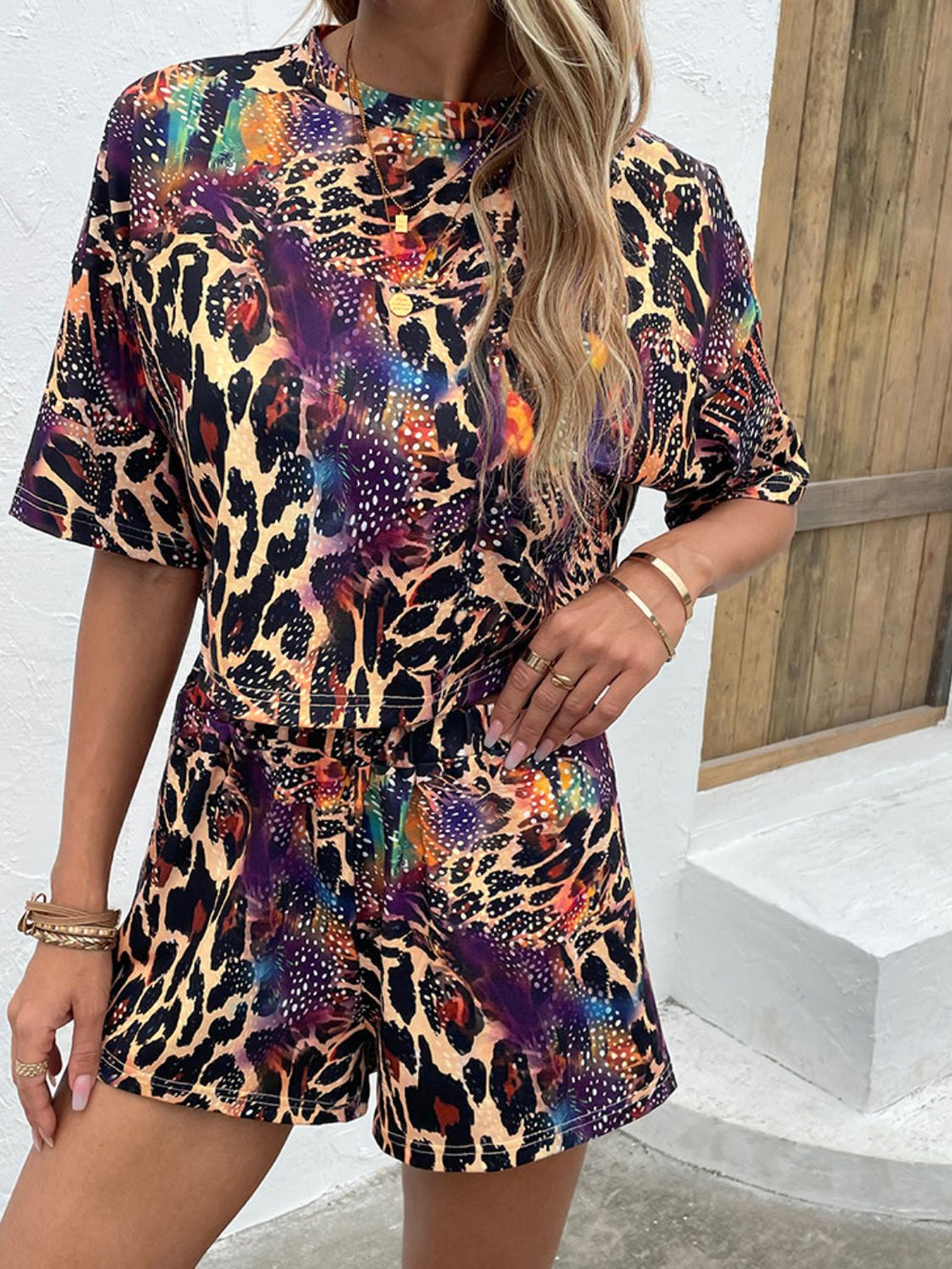 Printed Round Neck Dropped Shoulder Half Sleeve Top and Shorts Set Trendsi