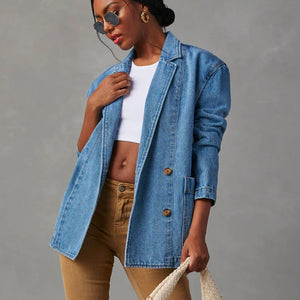 Collared Neck Long Sleeve Denim Jacket Trendsi