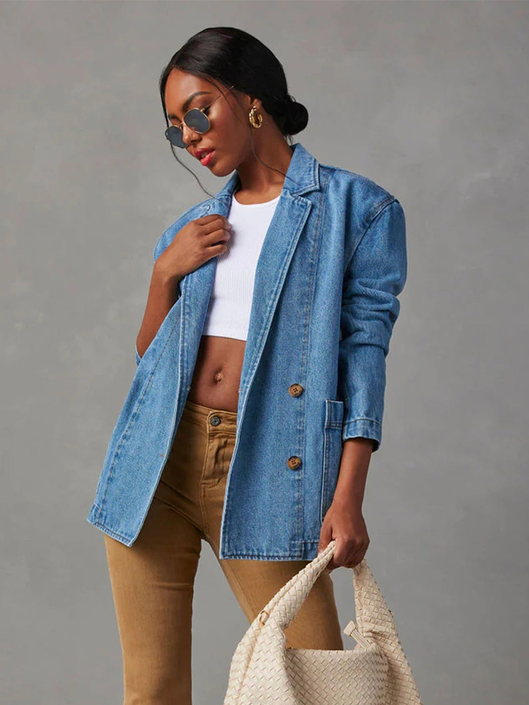 Collared Neck Long Sleeve Denim Jacket Trendsi