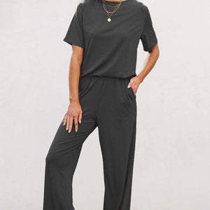 Round Neck Short Sleeve Top and Pants Set Trendsi