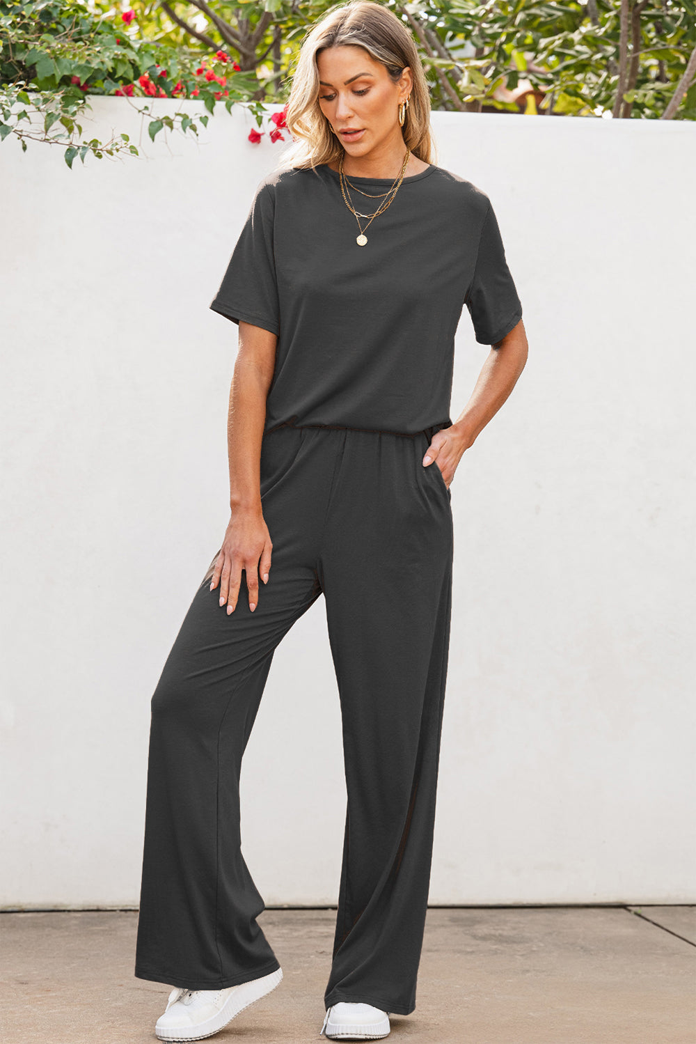 Round Neck Short Sleeve Top and Pants Set Trendsi