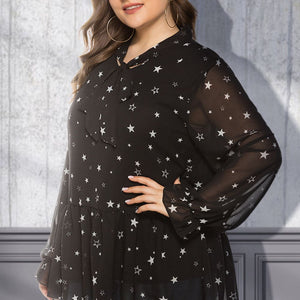 Plus Size Star Print Tie-Neck Peplum Blouse Trendsi