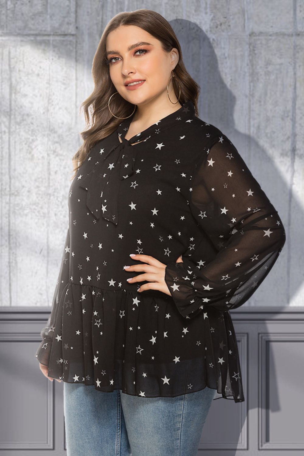 Plus Size Star Print Tie-Neck Peplum Blouse Trendsi