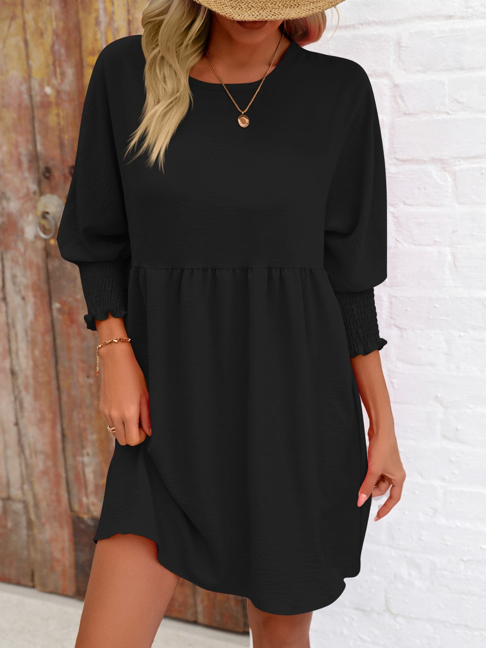 Round Neck Lantern Sleeve Mini Dress Trendsi