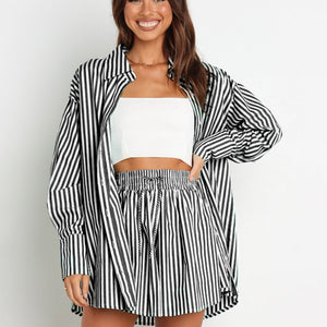 Striped Dropped Shoulder Shirt and Shorts Set Trendsi