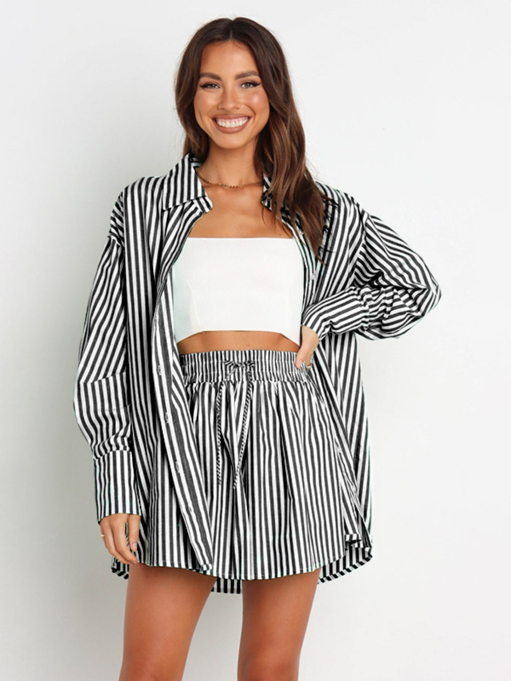 Striped Dropped Shoulder Shirt and Shorts Set Trendsi