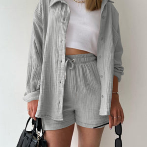 Texture Button Up Shirt and Drawstring Shorts Set Trendsi