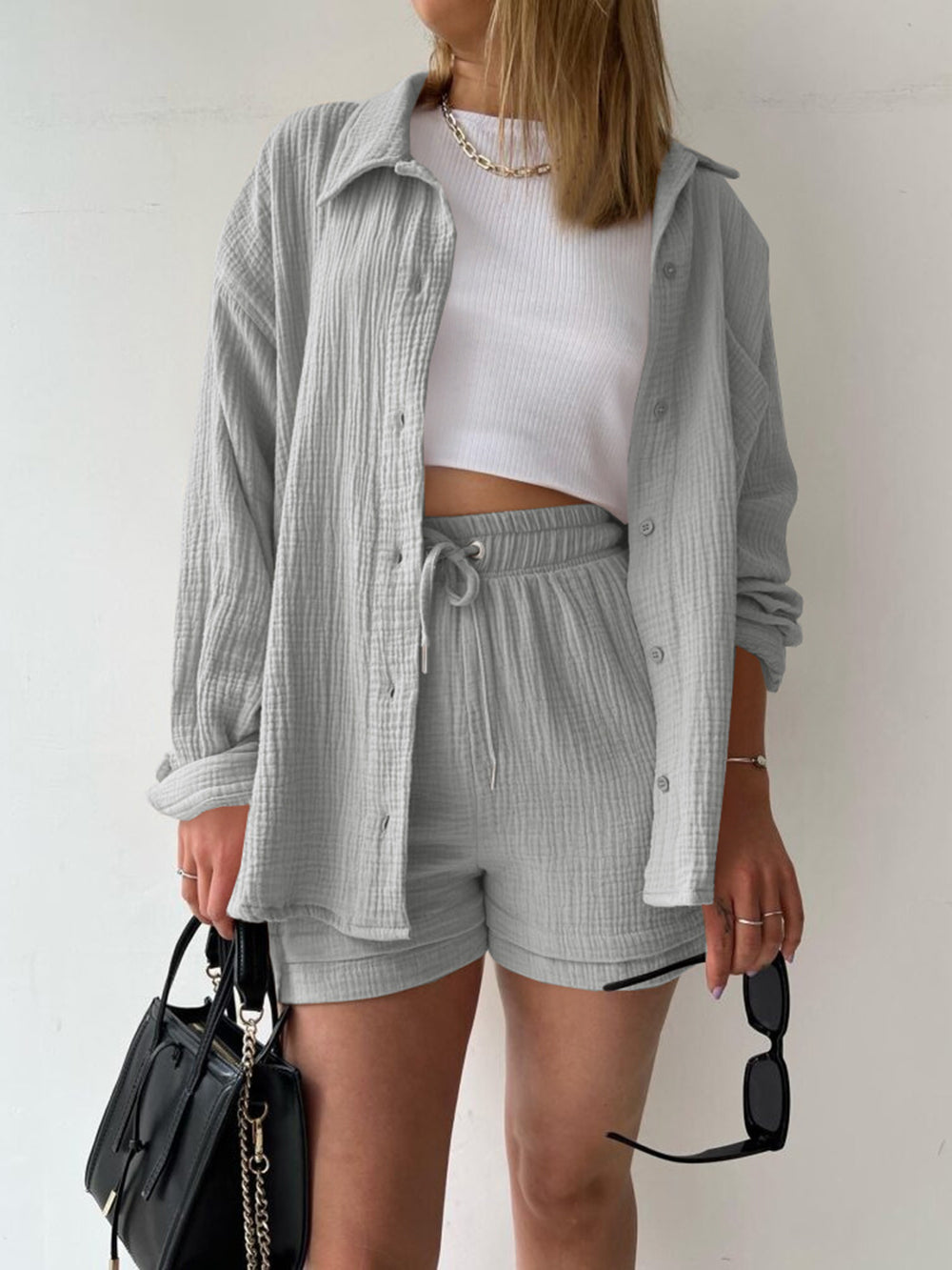 Texture Button Up Shirt and Drawstring Shorts Set Trendsi