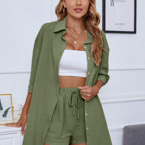 Dropped Shoulder Button Up Shirt and Shorts Set Trendsi