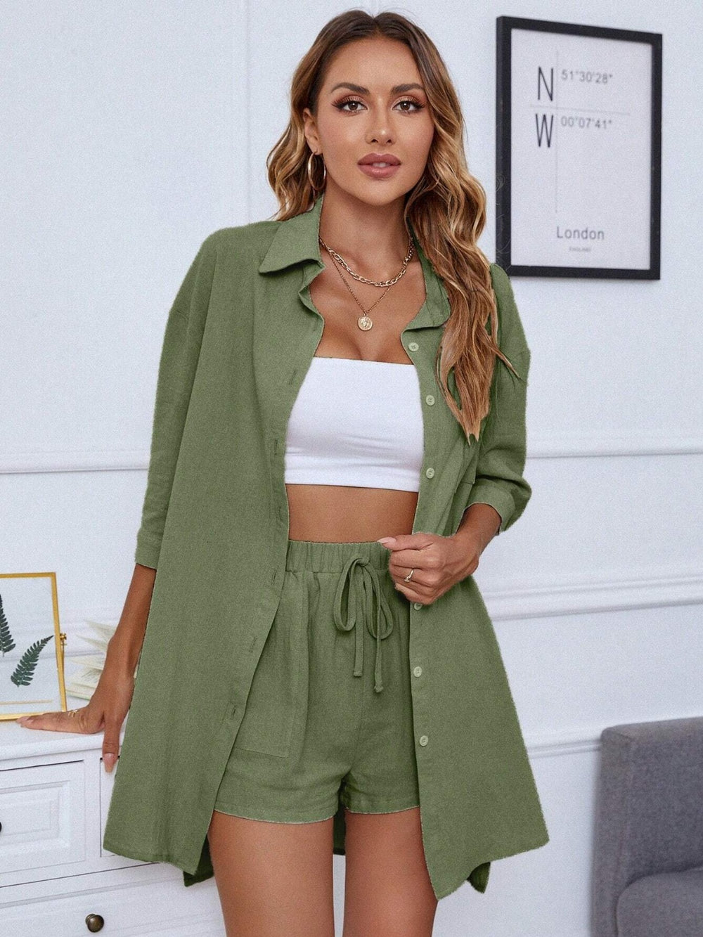 Dropped Shoulder Button Up Shirt and Shorts Set Trendsi