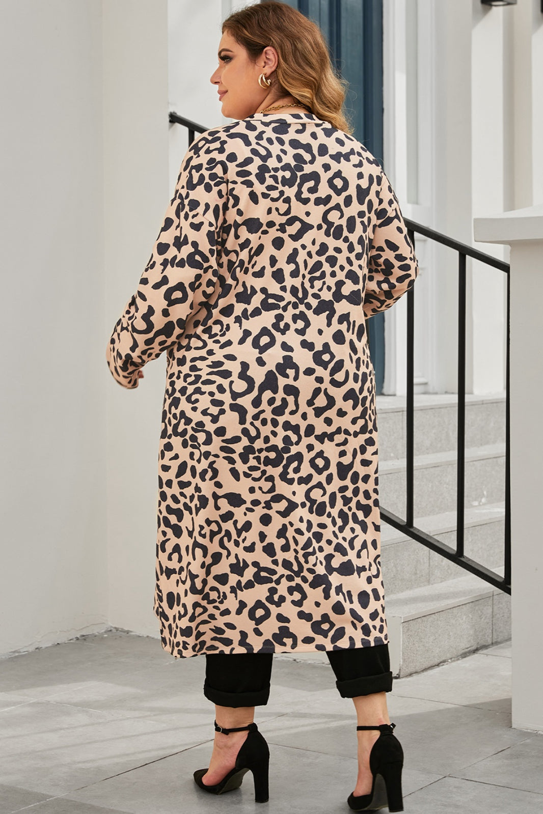 Plus Size Leopard Button Up Long Sleeve Cardigan Trendsi