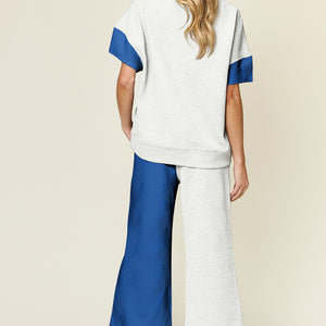 Double Take Full Size Texture Contrast T-Shirt and Wide Leg Pants Set Trendsi