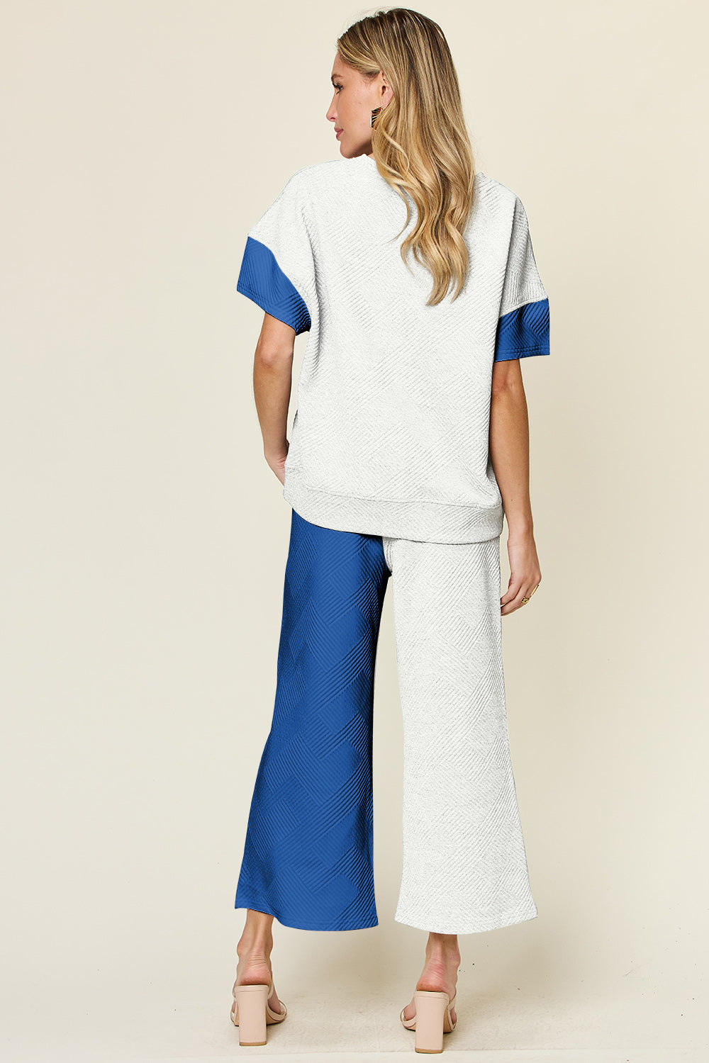 Double Take Full Size Texture Contrast T-Shirt and Wide Leg Pants Set Trendsi