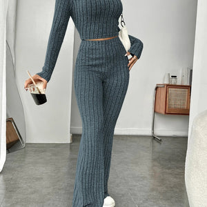 Ribbed Mock Neck Long Sleeve Top and Pants Set Trendsi