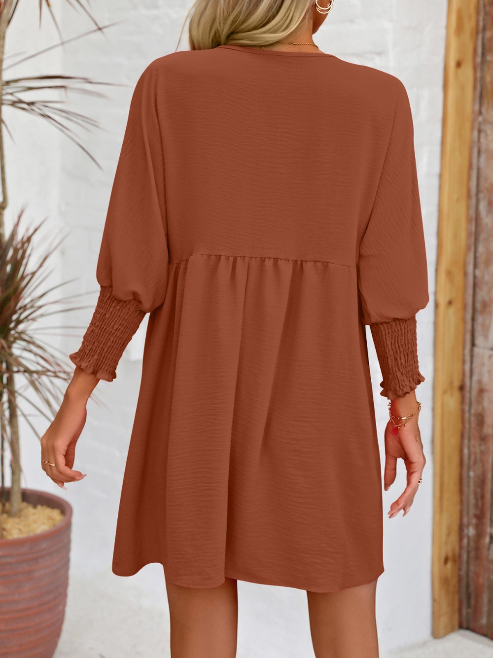 Round Neck Lantern Sleeve Mini Dress Trendsi