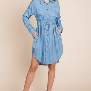 Faith Apparel Button Up Drawstring Shirt Dress Trendsi