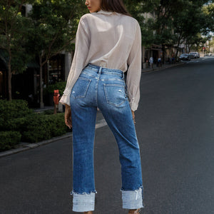 Stepped Waist Raw Hem Rolled Straight Jeans Trendsi