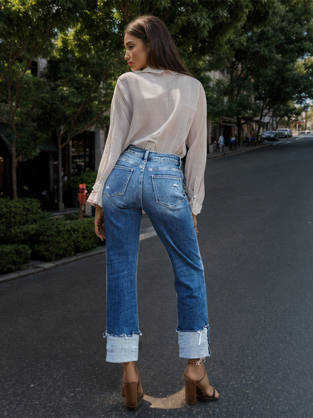 Stepped Waist Raw Hem Rolled Straight Jeans Trendsi