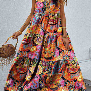 Tiered Printed V-Neck Sleeveless Dress Trendsi