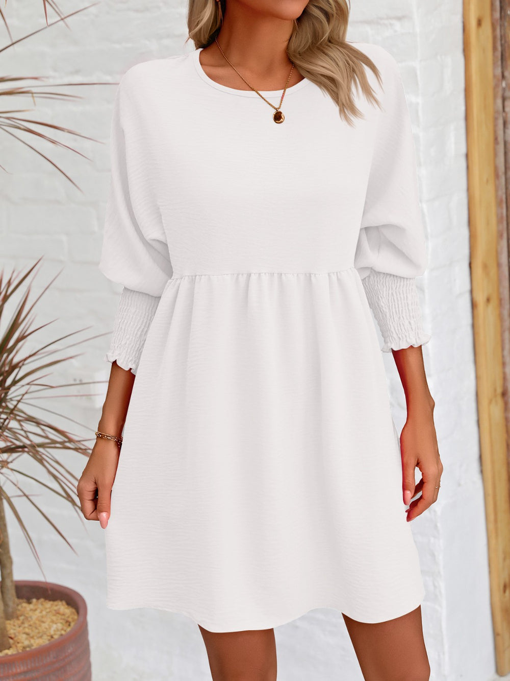 Round Neck Lantern Sleeve Mini Dress Trendsi