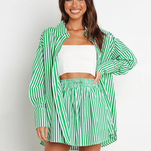 Striped Dropped Shoulder Shirt and Shorts Set Trendsi