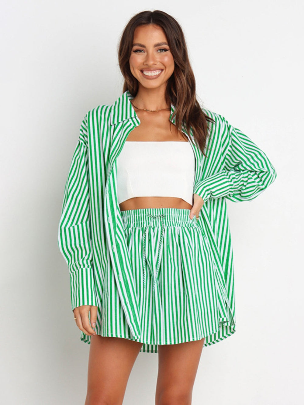 Striped Dropped Shoulder Shirt and Shorts Set Trendsi