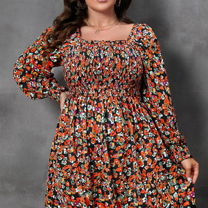 Plus Size Floral Square Neck Smocked Mini Dress Trendsi