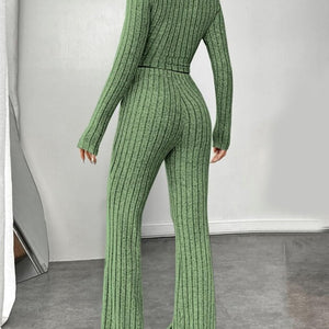 Ribbed Mock Neck Long Sleeve Top and Pants Set Trendsi