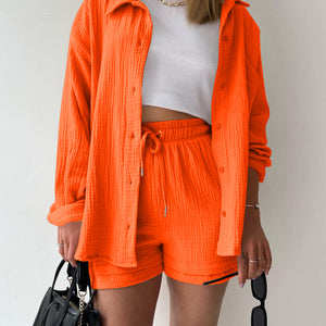 Texture Button Up Shirt and Drawstring Shorts Set Trendsi