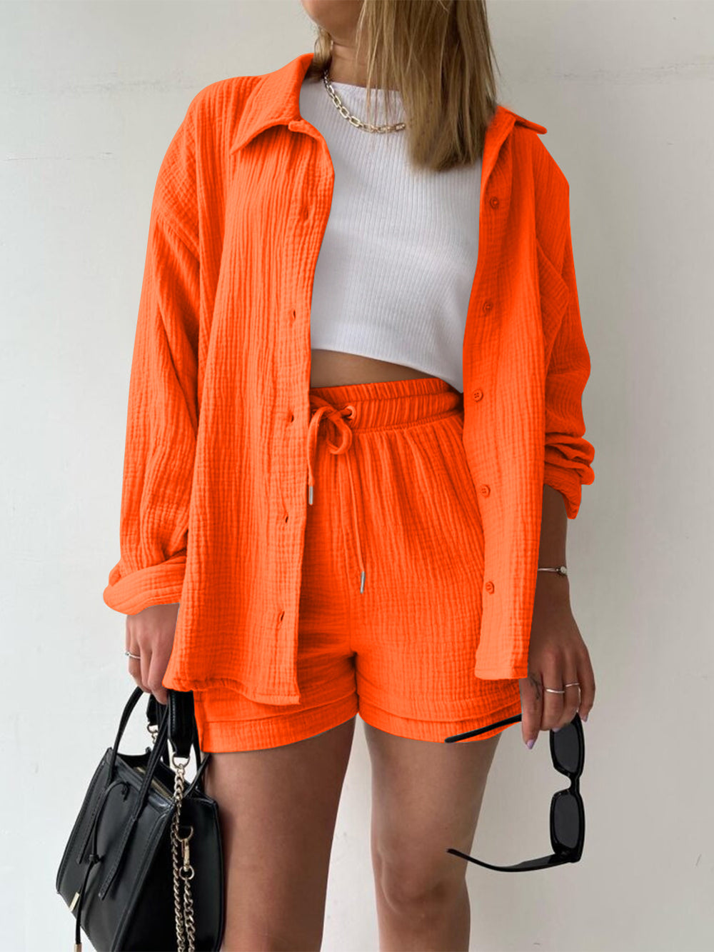 Texture Button Up Shirt and Drawstring Shorts Set Trendsi