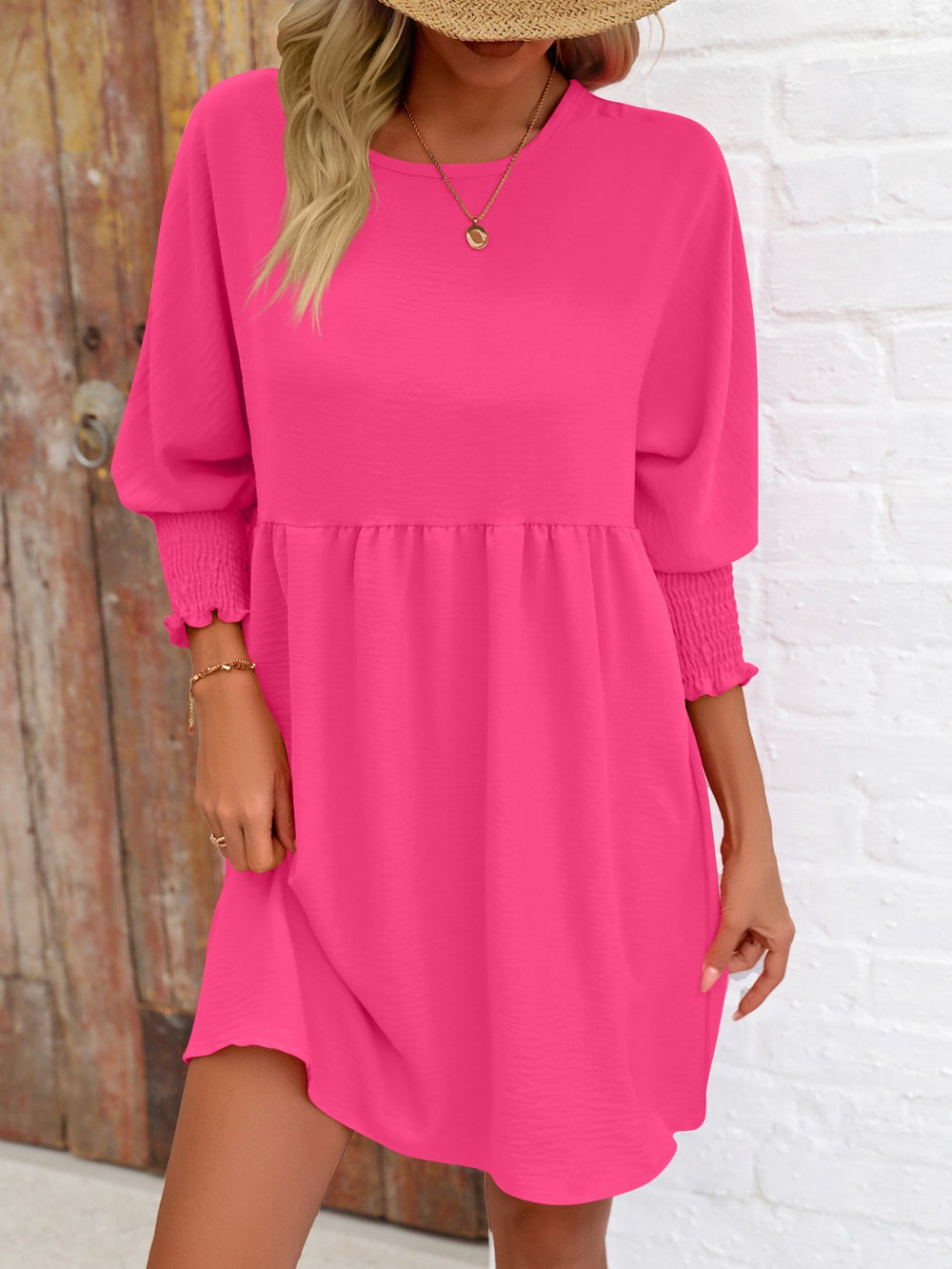 Round Neck Lantern Sleeve Mini Dress Trendsi