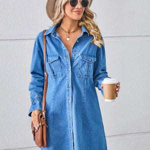 Pocketed Dropped Shoulder Mini Denim Dress Trendsi